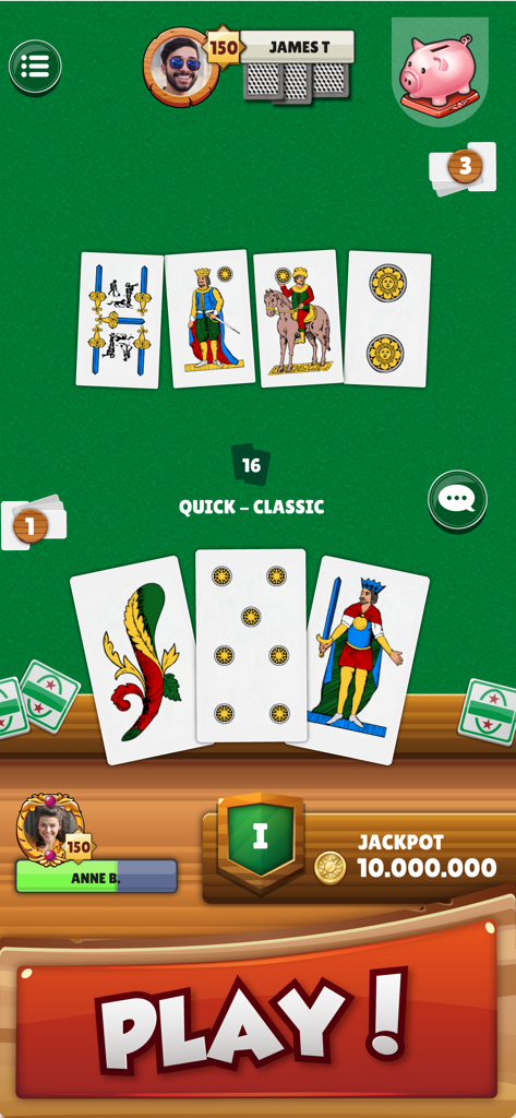 Mobile gameplay of Scopa la Sfida featuring a match with traditional Italian cards
