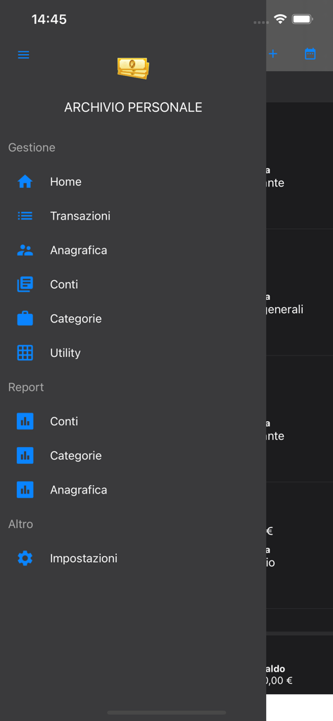 Prima Nota Contabile - Menu de navegação lateral do aplicativo de contabilidade Prima Nota Contabile com seções para transações, contas e relatórios.