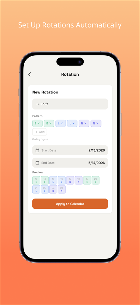 Interfaccia mobile per l'impostazione di rotazioni automatiche dei turni con uno schema di lavoro personalizzato e anteprima del calendario