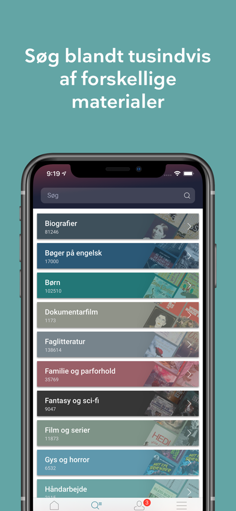 Mobile app interface showing various library material categories for search and discovery