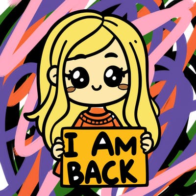 a girl holding a sign saying i am back