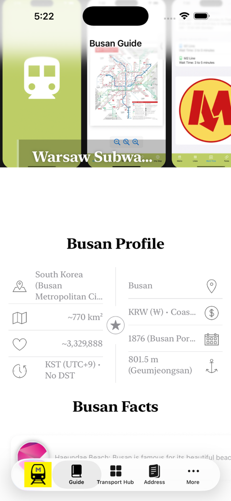 Busan Subway Map - Interface of the Busan Subway Map app showing the city profile and general travel facts about Busan