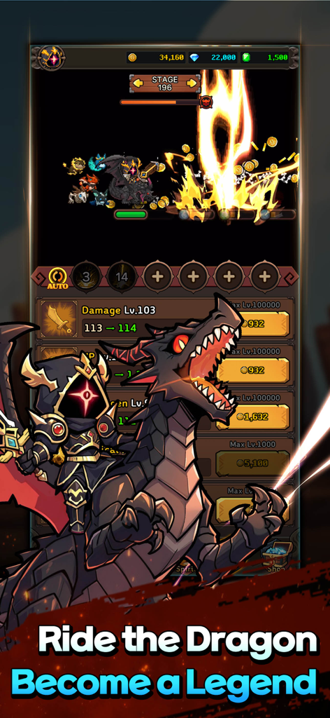 Dragon Slayer IDLE RPG - A dark armored slayer riding a large dragon in a pixel art idle RPG battle scene