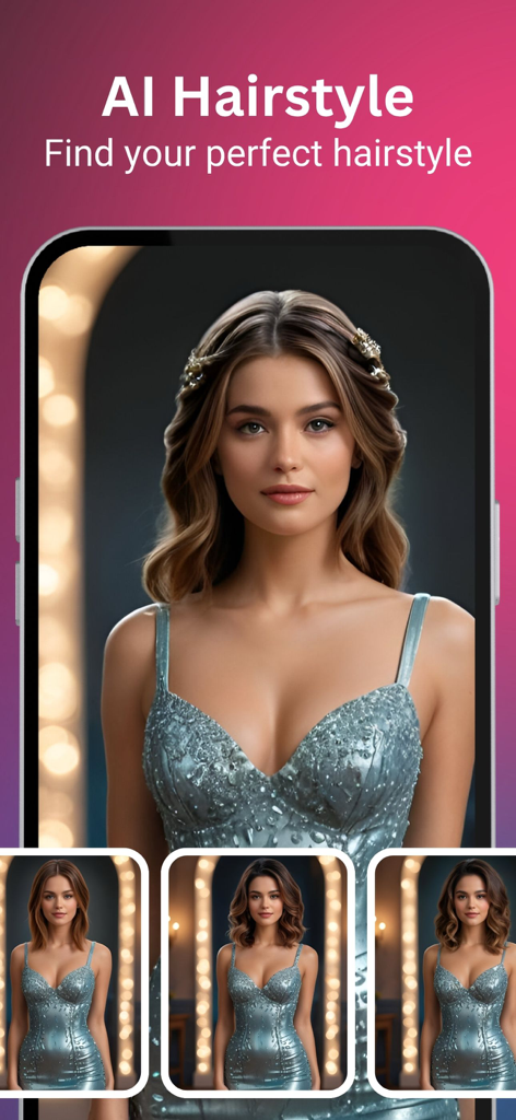 Screenshot of Facezy app showing the AI hairstyle feature with different hair options for a woman in a glamorous dress