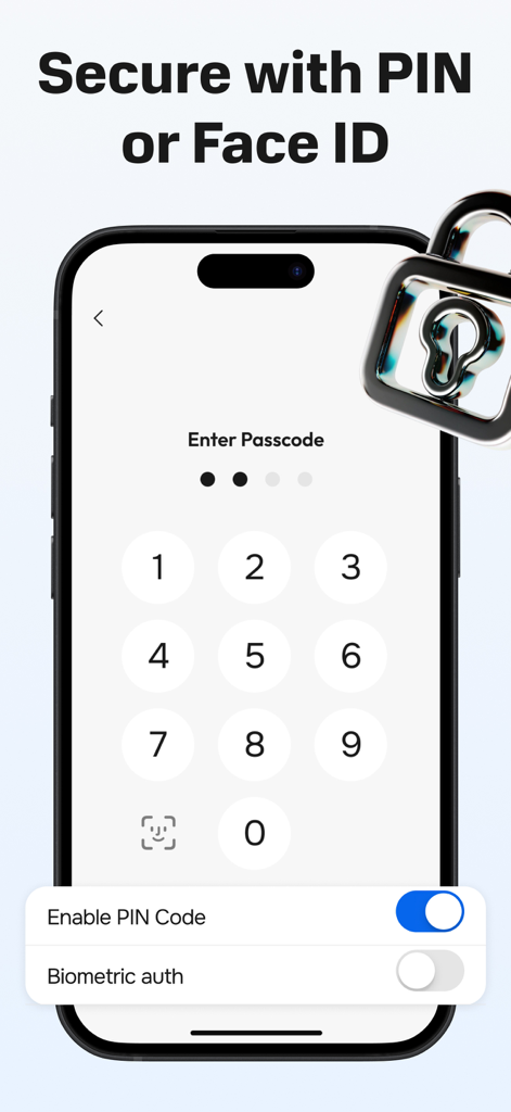 Tela de configurações de segurança do aplicativo eSign mostrando código PIN e opções Face ID