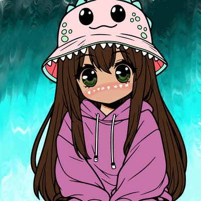 girl with anime shaped eyes with a dinosaur bucket hat oversized sweatshirt long straight hair