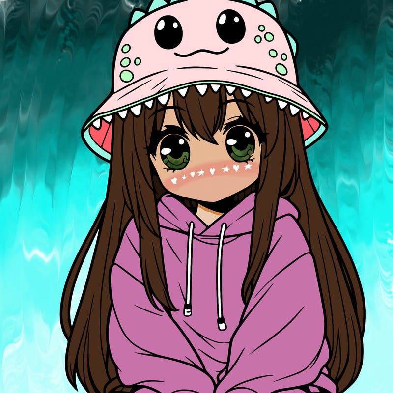 girl with anime shaped eyes with a dinosaur bucket hat oversized sweatshirt long straight hair