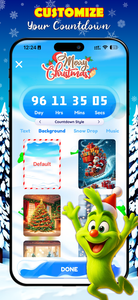 Mobile app screen for customizing a Christmas countdown timer with various festive backgrounds and settings.