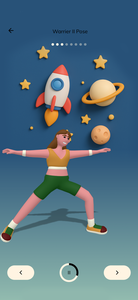 Kids Yoga, Workout & Exercise - A 3D character performing a Warrior II yoga pose in a space adventure setting with rockets and stars