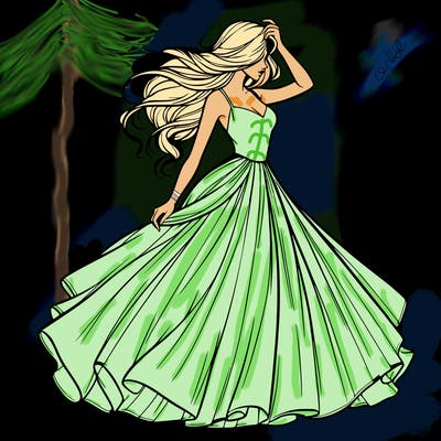 realistic woman with dress flowing in the wind