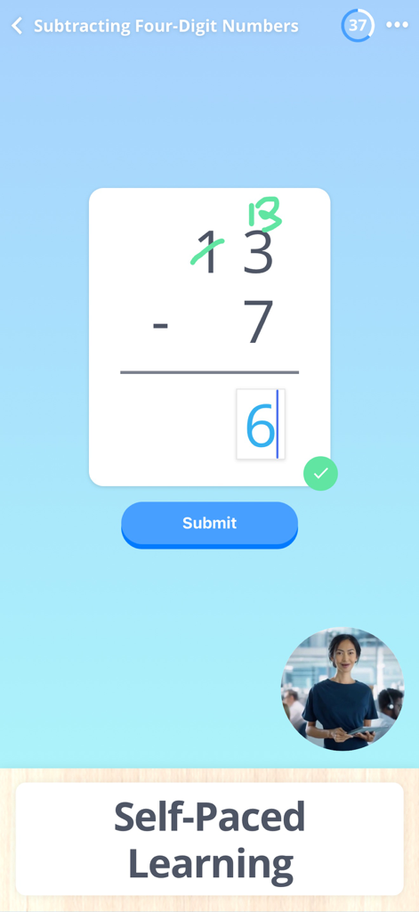 전문가 교사 영상 썸네일과 함께 자체 페이스 학습 앱에서 4학년 수학 뺄셈 문제
