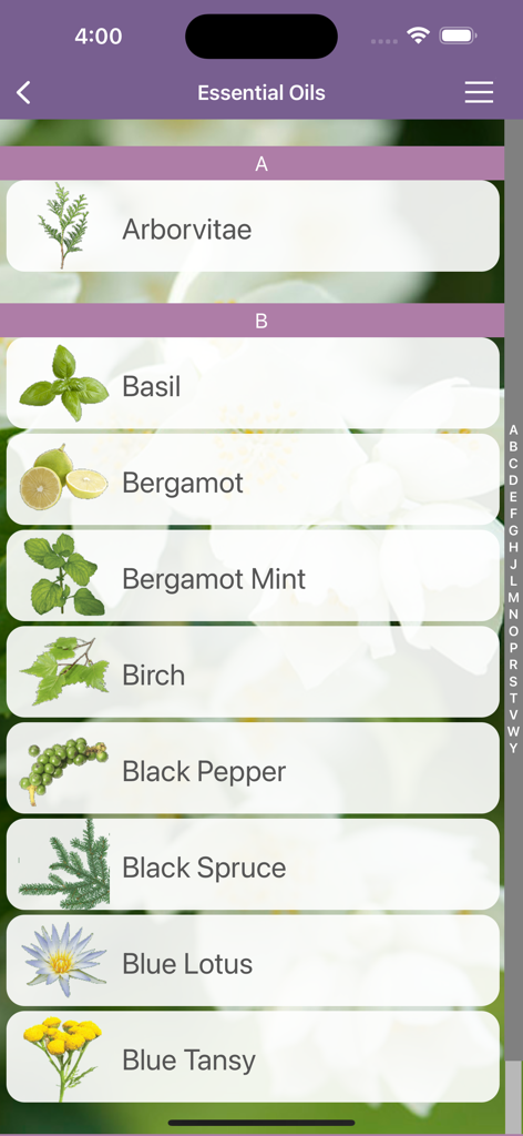 Directorio alfabético de aceites esenciales con iconos de plantas en la aplicación Modern Essentials Plus