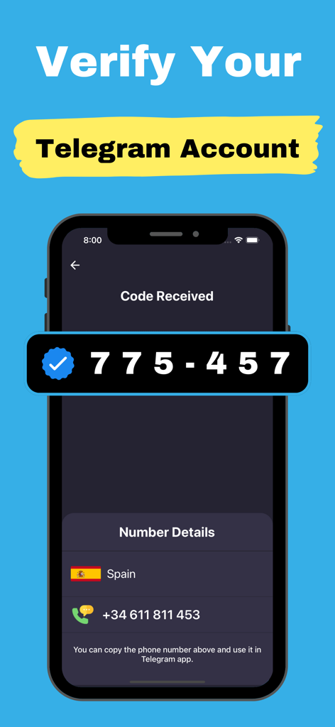 Mobile app interface showing a verification code for a Telegram account using a virtual Spanish phone number.