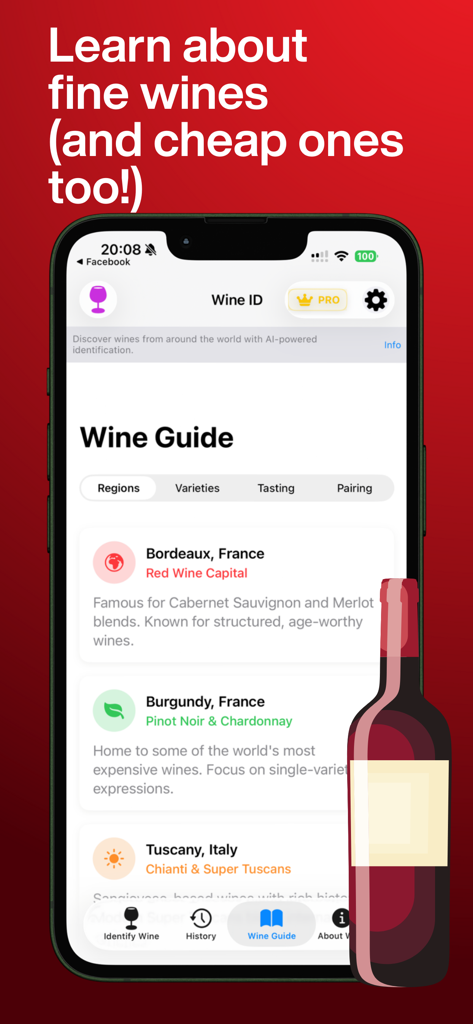 Wine ID mobile app screen showing a guide for wine regions like Bordeaux and Tuscany