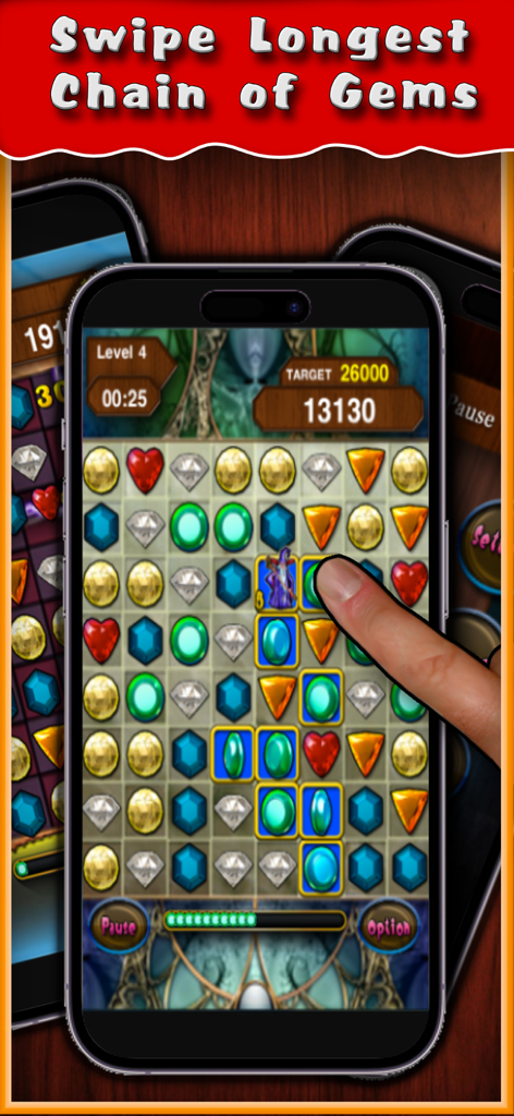 Swiped - A finger swiping a long chain of gems in the Swiped puzzle game