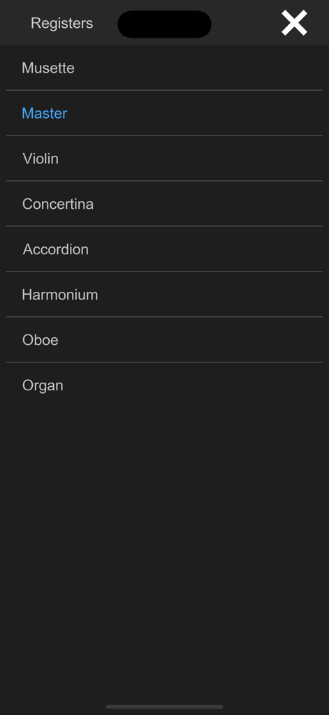 Button Accordion - Uma lista de opções de registro musical no aplicativo, incluindo Musette, Master, Violin e Concertina.