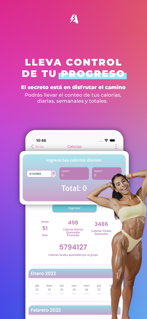 MuyAndreFit - Calorie tracking and progress screen in the MuyAndreFit app with a fitness trainer