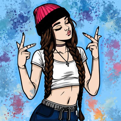 realistic teenage girl with braids and a beanie and crop top doing 🫶🏼