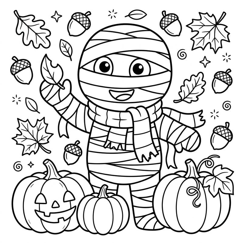 Introduce your little one to the joys of autumn with this delightful mummy coloring page. Designed specifically for toddlers, it features a friendly cartoon mummy amidst classic fall elements, perfect for developing motor skills and creativity.