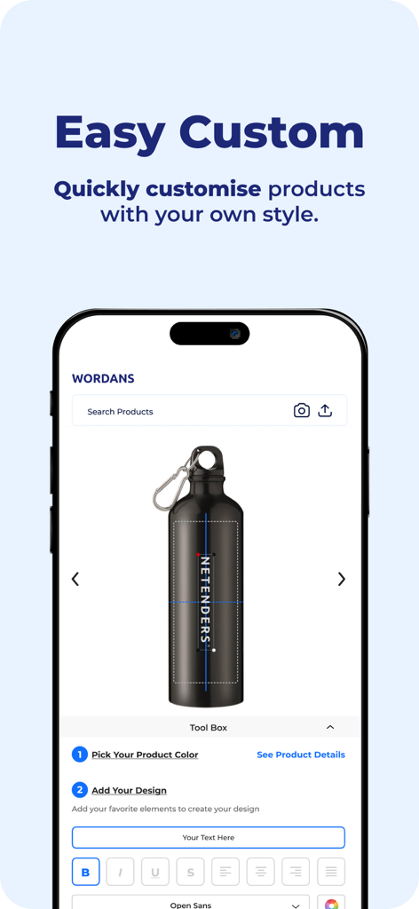 Wordans 앱 인터페이스에서 모바일 디자인 도구의 텍스트로 사용자 지정되는 검은색 물병 표시