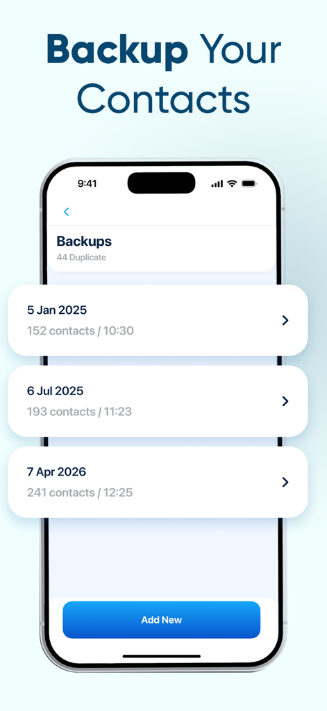A mobile app interface displaying a chronological list of contact backups with an add new button