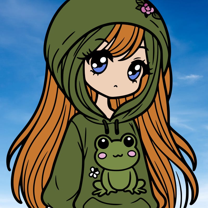 a girl wearing a frog sweatshirt and she has long hair and she is wearing the hood
