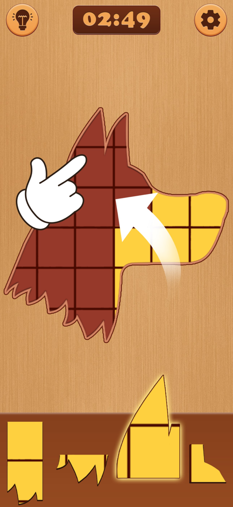 Build Up Tower Craft Games - Jugabilidad de Build Up Tower Craft Games que muestra un puzzle con silueta de perro con bloques amarillos y un temporizador.