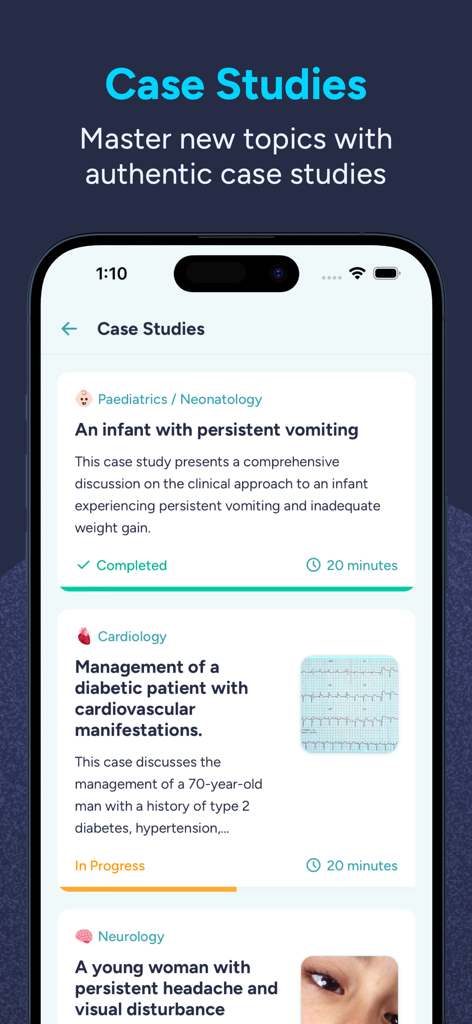 eMedici app interface showing a list of medical case studies for clinical specialties including paediatrics and cardiology