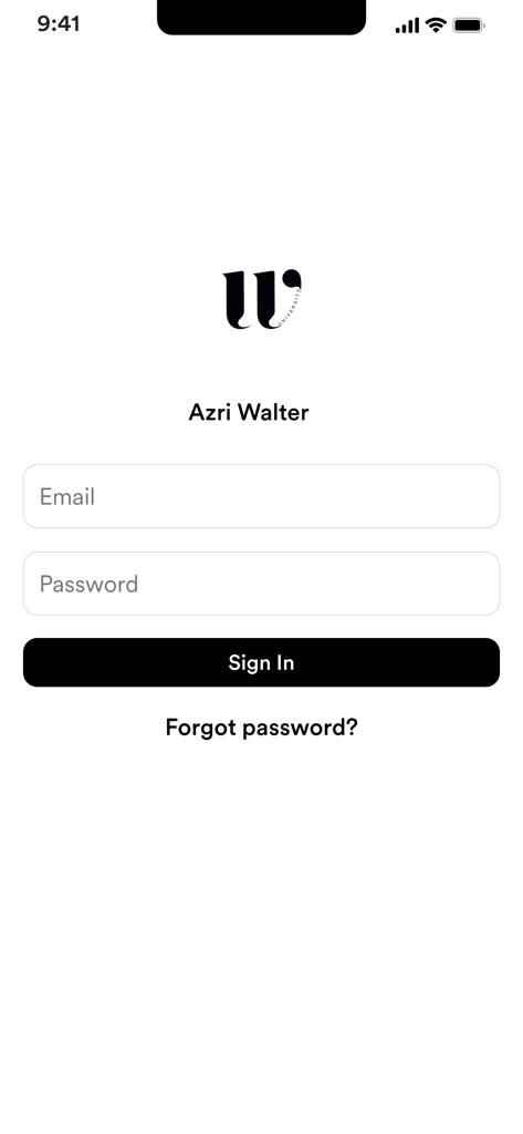 Walter University - Login screen for the Walter University mobile app featuring email and password fields with Azri Walter branding