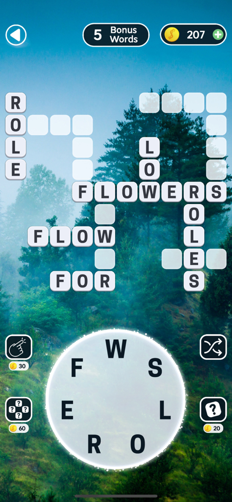 Word Swipe Connect: Crossword - Word Swipe Connect crossword puzzle gameplay with a letter wheel and a serene misty forest background