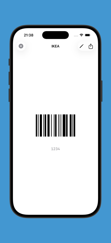 Kard - A digital barcode for an IKEA loyalty card shown on the Kard app screen for quick checkout scanning