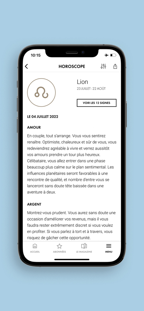 Daily horoscope for Leo on the ELLE magazine app interface