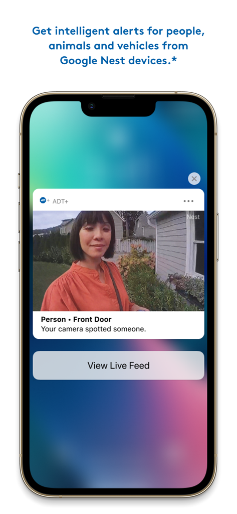ADT+ - ADT plus app notification on an iPhone showing a person detected at the front door through a Google Nest camera