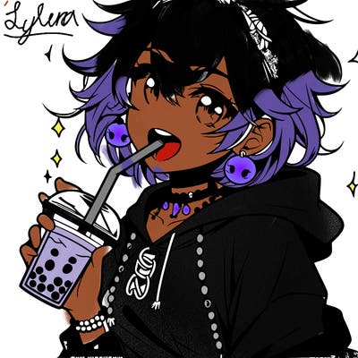 hot baddie anime girl drinking boba and biting the straw