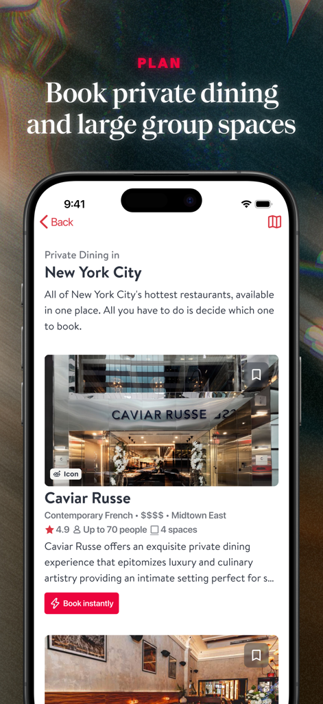 Interfaz de la app OpenTable para reservar espacios de comedor privado y para grupos grandes en la ciudad de Nueva York