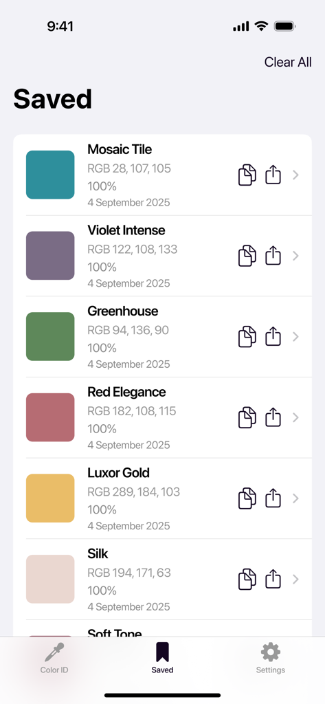 Color Identifier. Camera - Lista de paletas de colores guardadas con valores RGB y nombres personalizados en la aplicación Identificador de Color