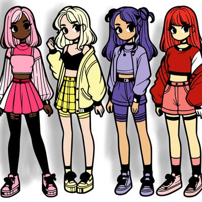 one girl with crop-top shirt and a jacket with a skirt, long socks and another girl with a shirt and pants with a jacket