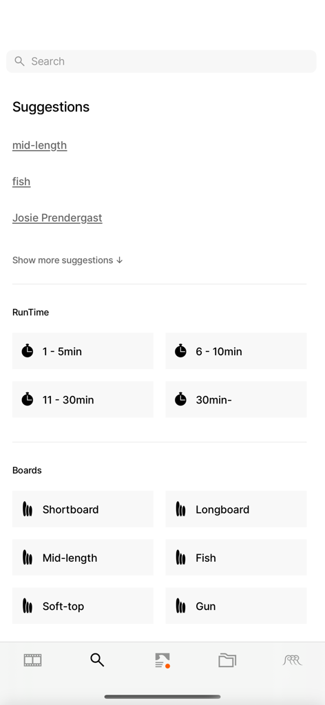 NobodySurf - Surfing Videos - Interface de recherche de l'application NobodySurf montrant des filtres pour la durée des vidéos et les catégories de planches de surf comme le longboard et le fish.