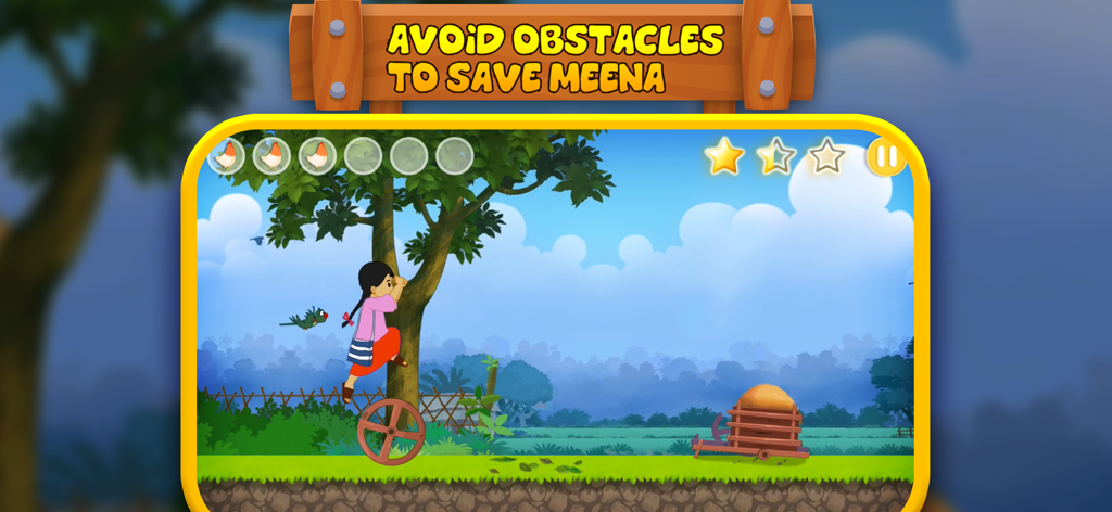Meena character jumping over a wooden cart obstacle in an educational platformer game