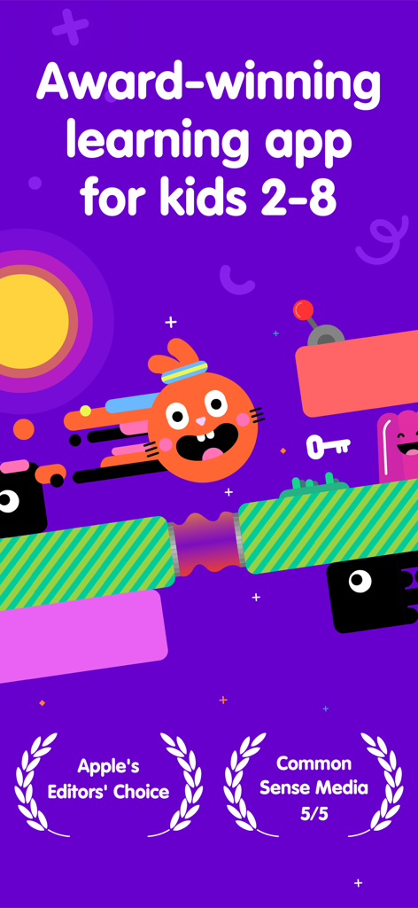 Promotional screenshot for Thinkrolls learning app for kids featuring character art and award badges from Apple and Common Sense Media