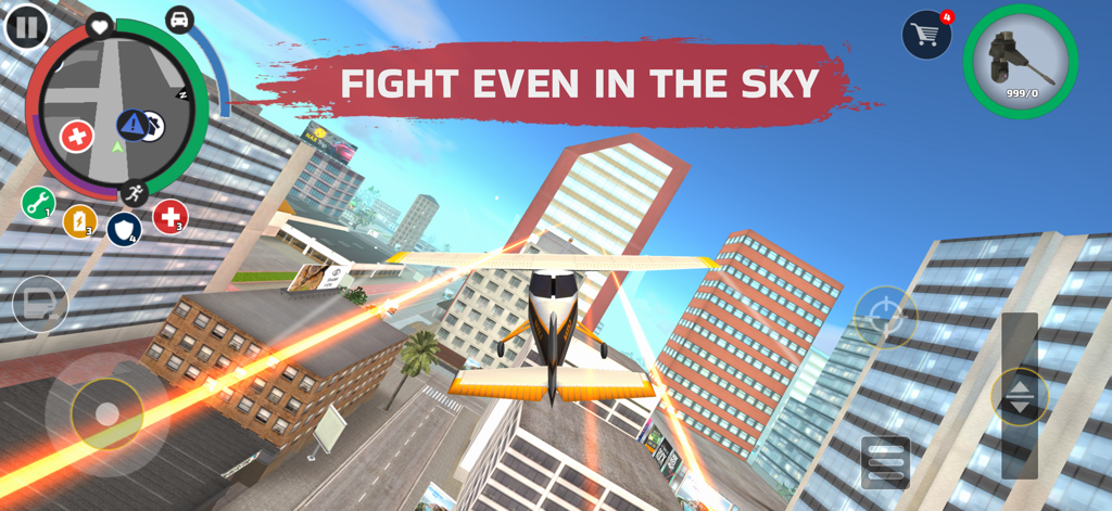 Un avión volando entre rascacielos en una ciudad de mundo abierto durante un combate aéreo en Rope Hero Vice Town