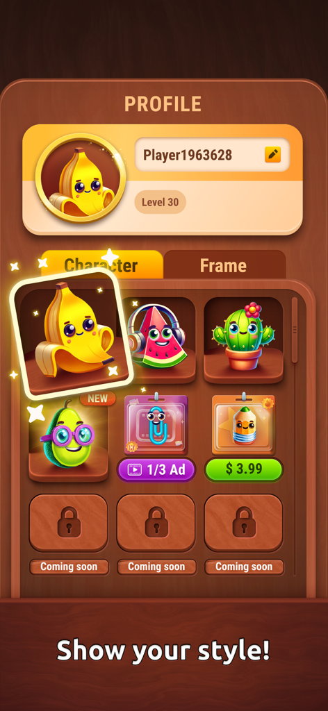 Colorwood Words - Cryptogram - User profile screen in Colorwood Words showing various cute character avatars for customization.