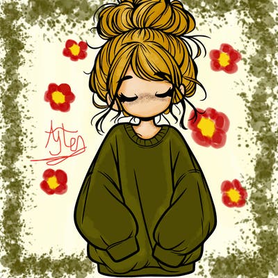 girl with baggy sweatshirt and messy bun