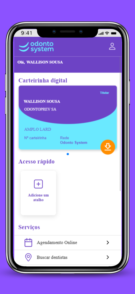 Odonto System - Interface do aplicativo Odonto System mostrando um cartão de seguro odontológico digital e opções de agendamento online e busca de dentistas.