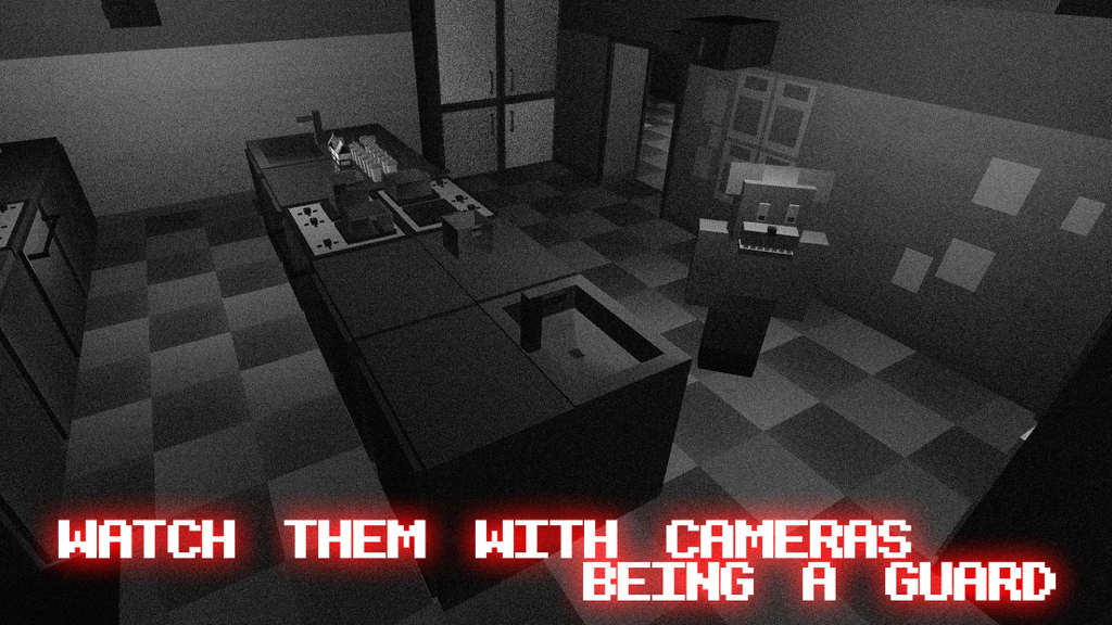 Nights at Scary Pizzeria 3D - CCTV security camera view of an animatronic robot in the pizzeria kitchen