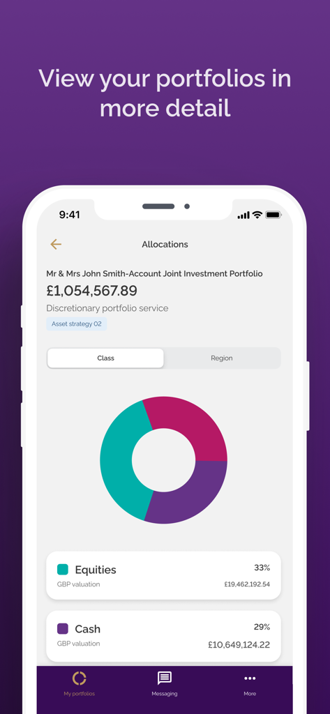 Evelyn Partners Mobile - Evelyn Partners Mobile app interface displaying a joint investment portfolio with a detailed asset allocation donut chart showing equities and cash.