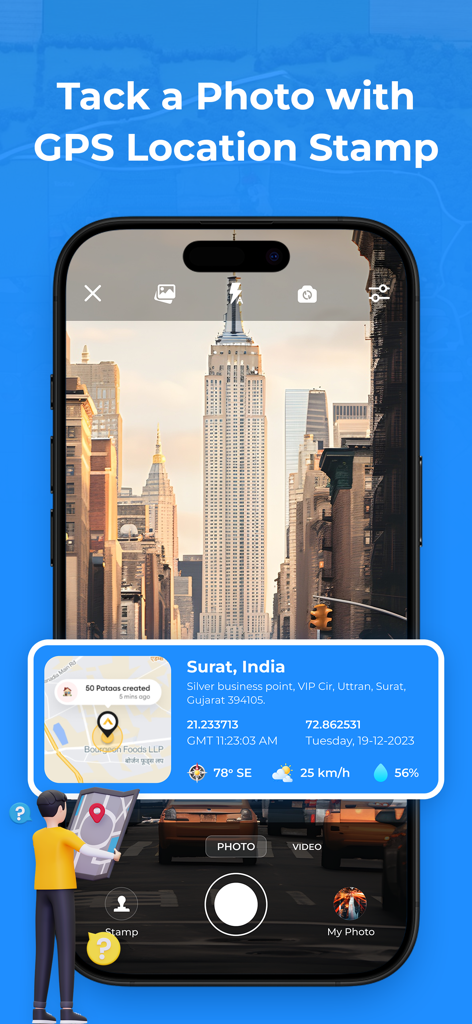 GPS Fields Area Measure App - Tela de smartphone mostrando o recurso de câmera GPS com uma sobreposição de coordenadas de localização e um mapa em uma foto.