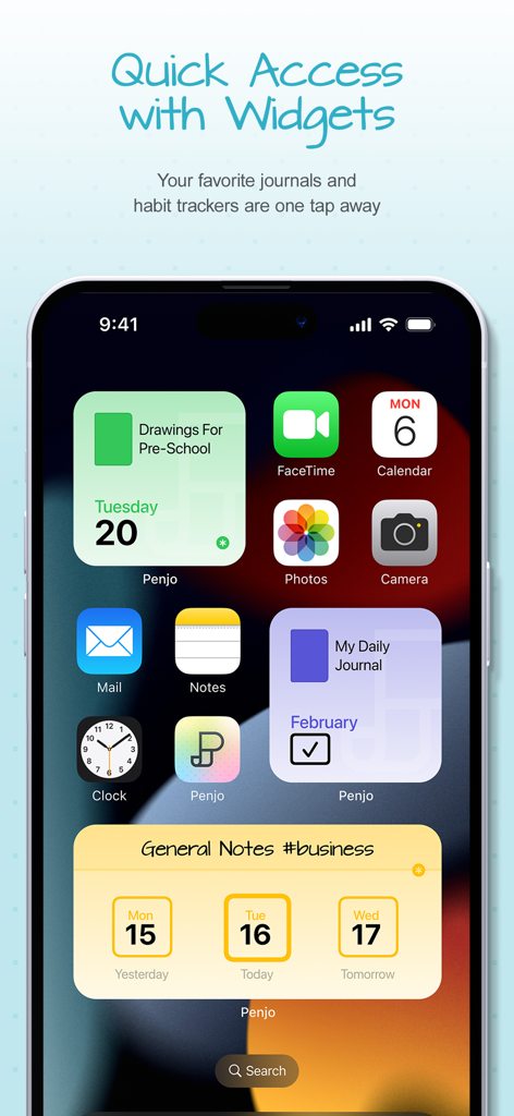 Penjo: Pencil Journal, Planner - Écran d'accueil de l'iPhone affichant divers widgets Penjo pour les journaux quotidiens et le suivi des habitudes.
