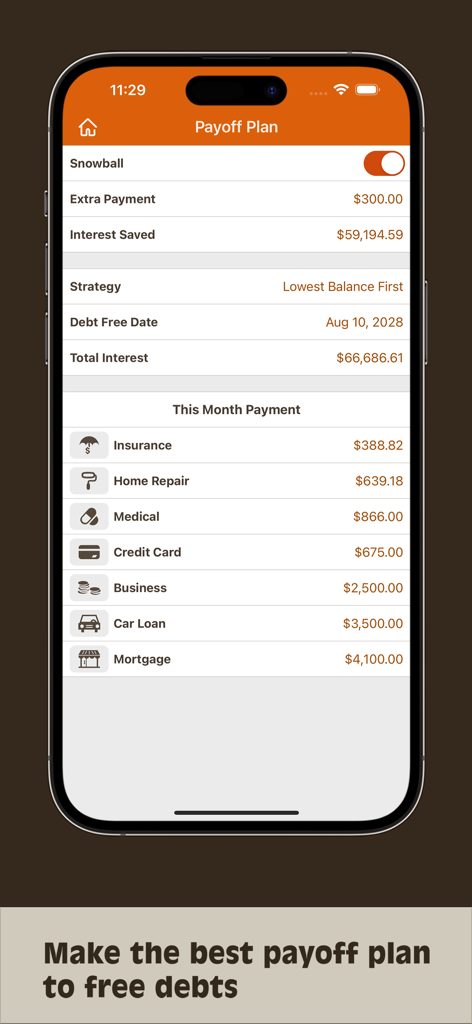Debts Monitor - The Payoff Plan screen in the Debts Monitor app showing the snowball method strategy and a monthly debt payment breakdown.
