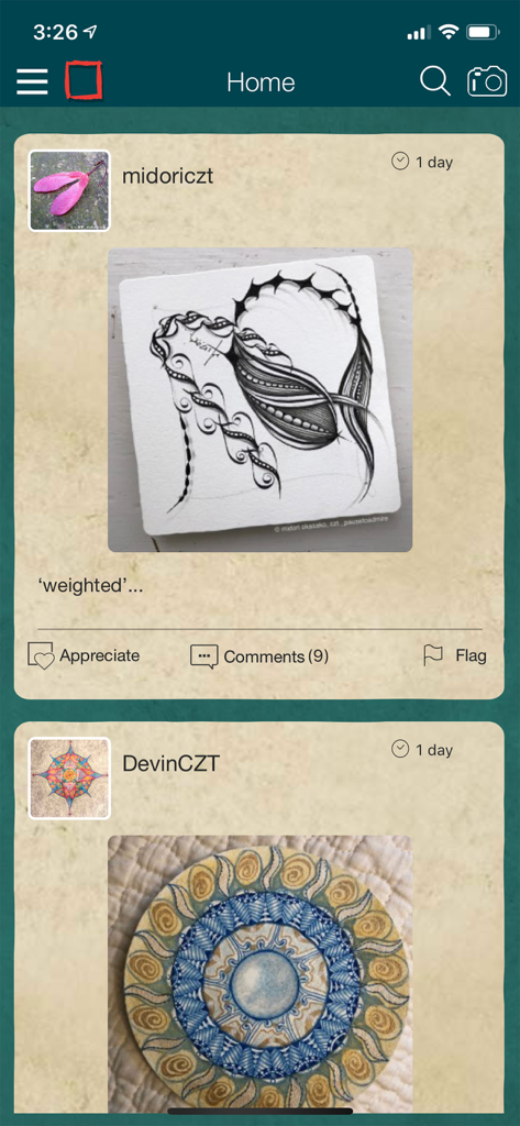 Zentangle Mosaic app home screen featuring a social feed of hand drawn artistic tiles